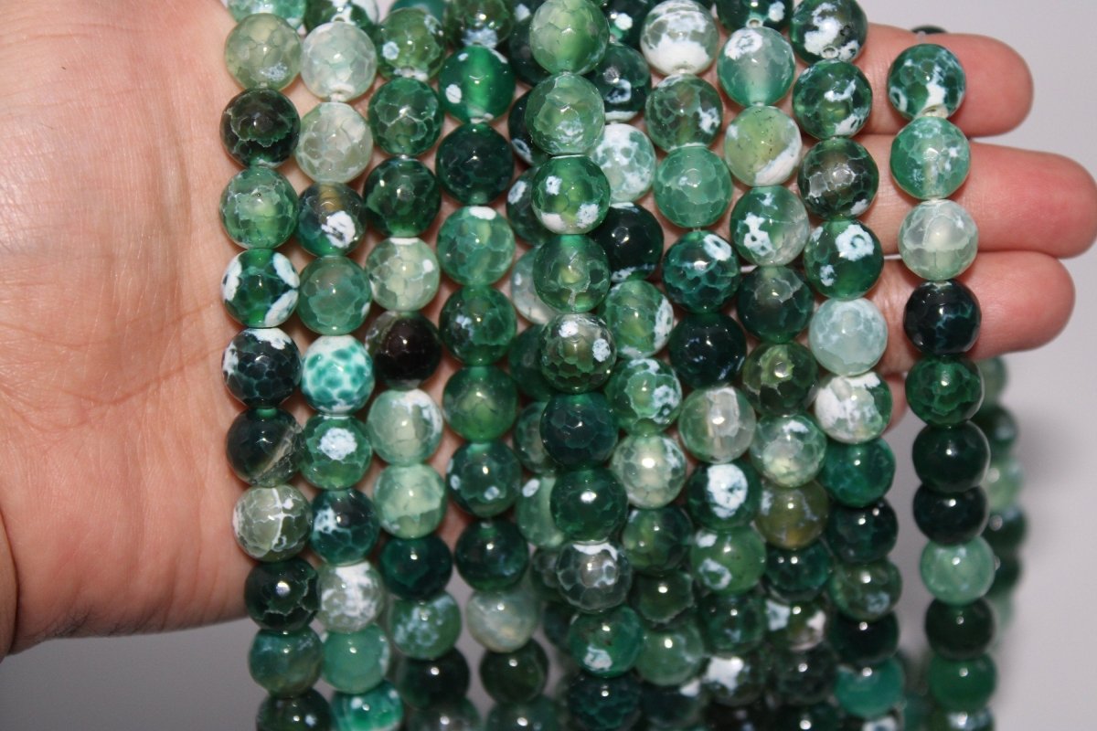Faceted Green and White Crab Fire Agate Gemstone Round Beads 15" Per Strand 10mm, Great Quality - DLUXCA