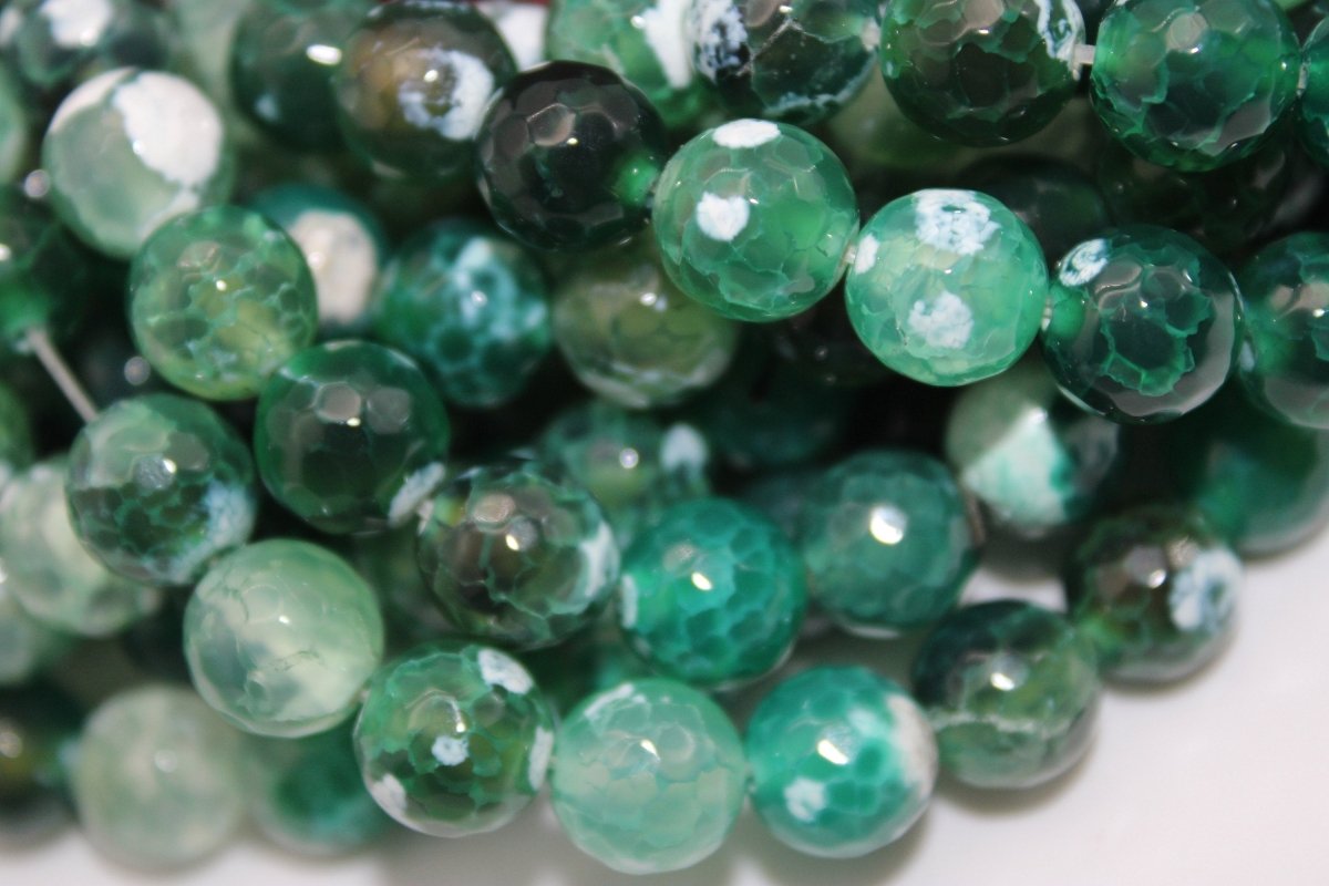 Faceted Green and White Crab Fire Agate Gemstone Round Beads 15" Per Strand 10mm, Great Quality - DLUXCA