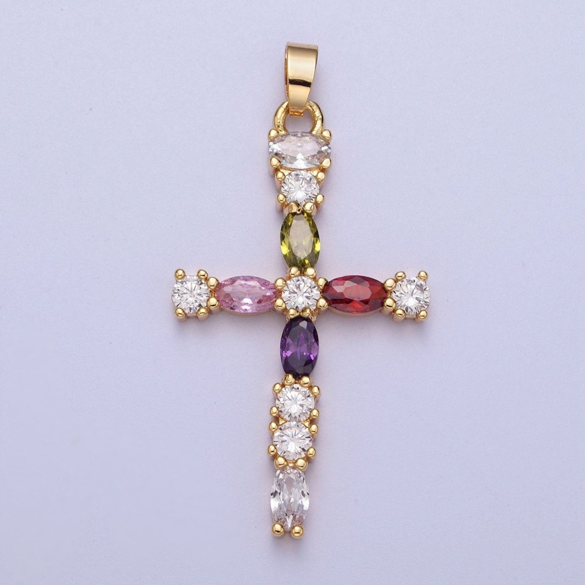 Faceted Marquise Gemstone Cross Style Pendant, 16K Gold Filled CZ Cross Pendant, Religious Christian Catholic Jewelry Charm Gift X-692 - DLUXCA