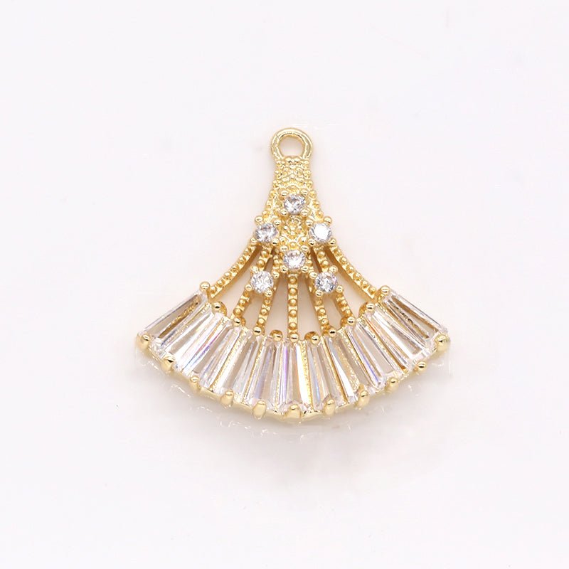 Fancy Crystal Tiny Golden Fan Charm CZ Gold Plated Mini Peacock Tail Shape Charm Pendant GP-263 - DLUXCA