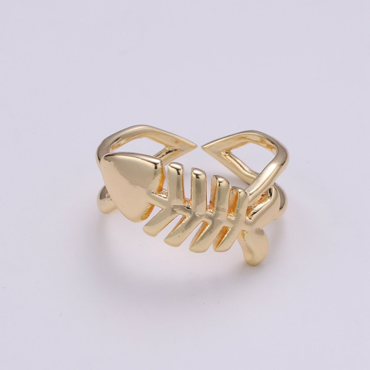 Fish 18k Gold Ring, Adjustable Gold Curb Ring, Simple Bone Frame Ring, Under Water Life R-276 - DLUXCA