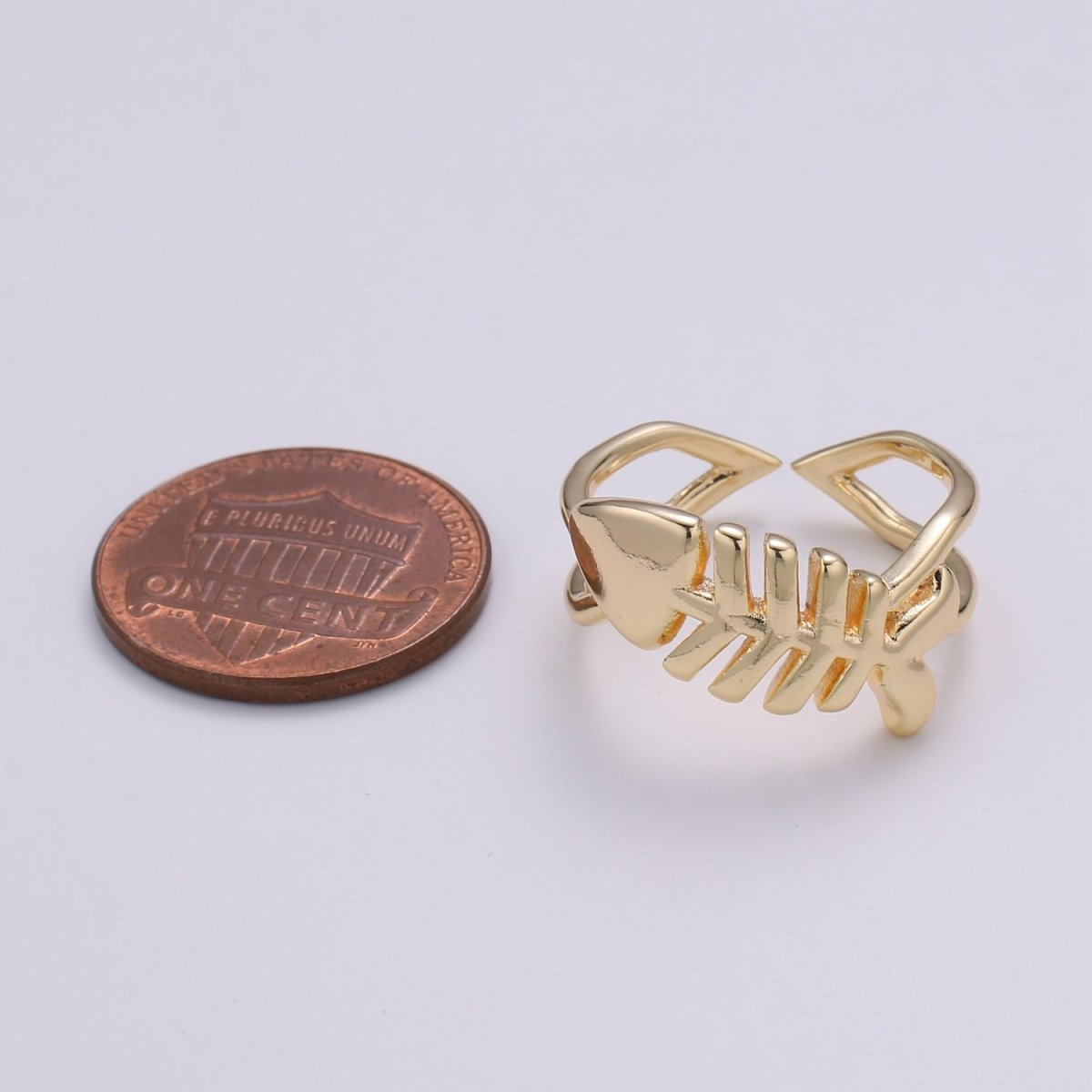 Fish 18k Gold Ring, Adjustable Gold Curb Ring, Simple Bone Frame Ring, Under Water Life R-276 - DLUXCA