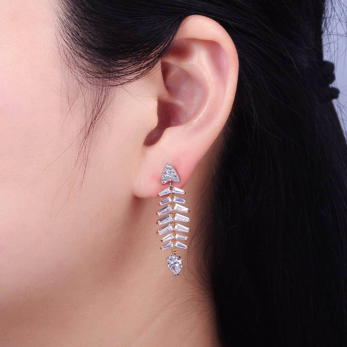 Fishbone Earrings, 18K Gold Filled Fish Bone Earrings, Pirate Fish Earrings CZ Stone AB800 - DLUXCA