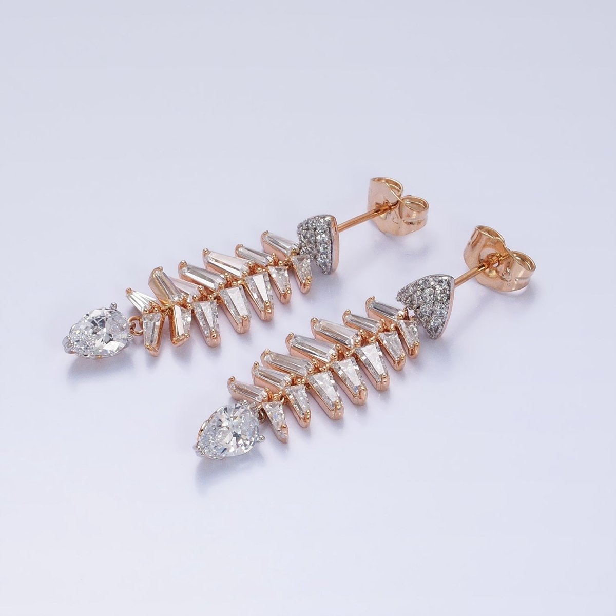 Fishbone Earrings, 18K Gold Filled Fish Bone Earrings, Pirate Fish Earrings CZ Stone AB800 - DLUXCA
