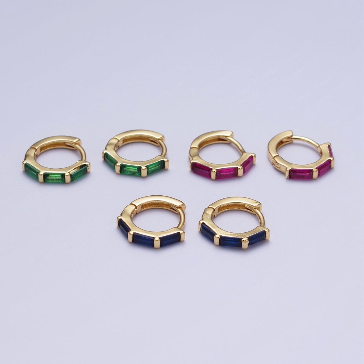 Fuchsia, Blue, Green Baguette Lined 12mm Gold Huggie Hoop Earrings | Y-155 Y-156 Y-173 - DLUXCA