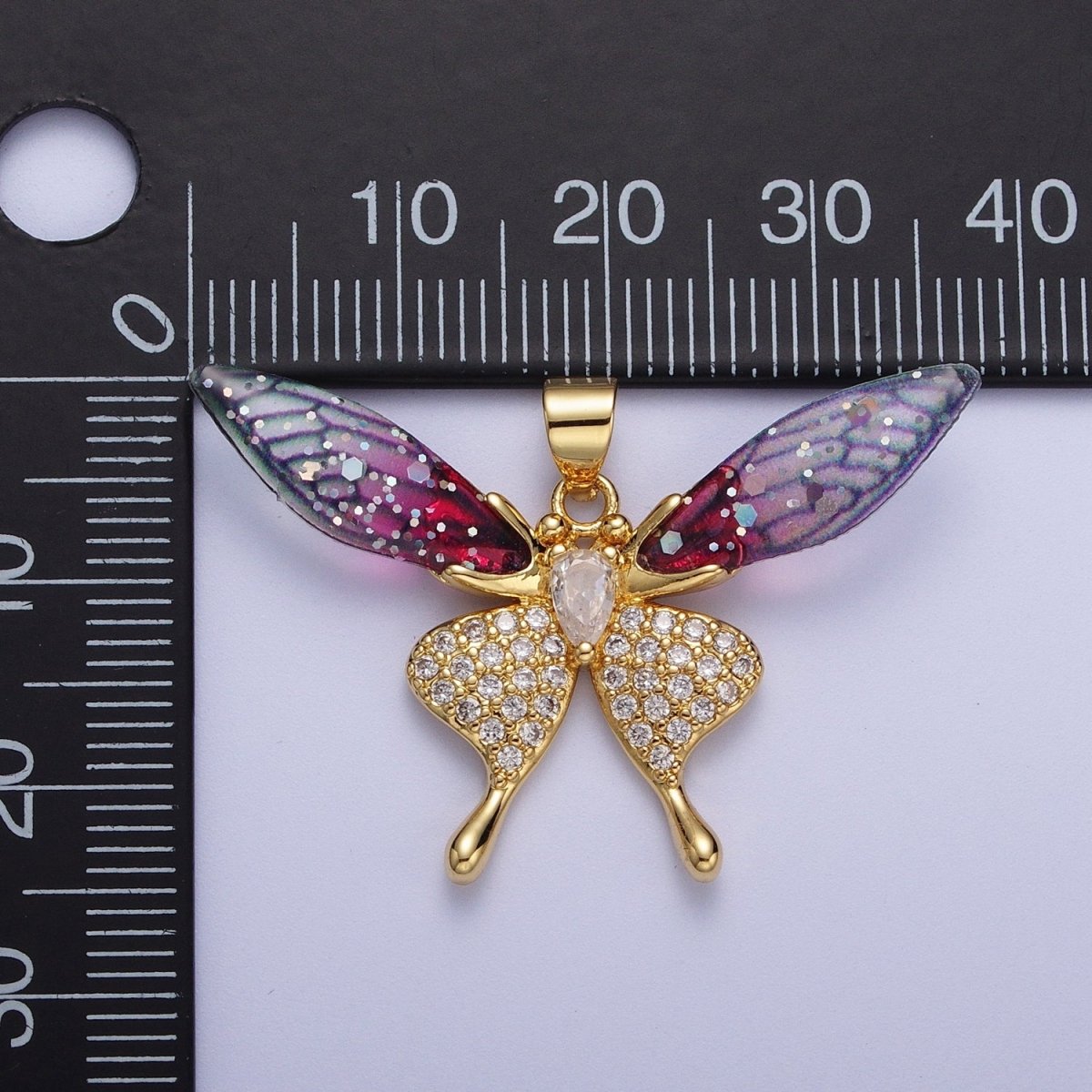 Fuchsia, Blue Micro Paved Butterfly Wings Teardrop Insect Gold Pendant H-884 H-909 - DLUXCA