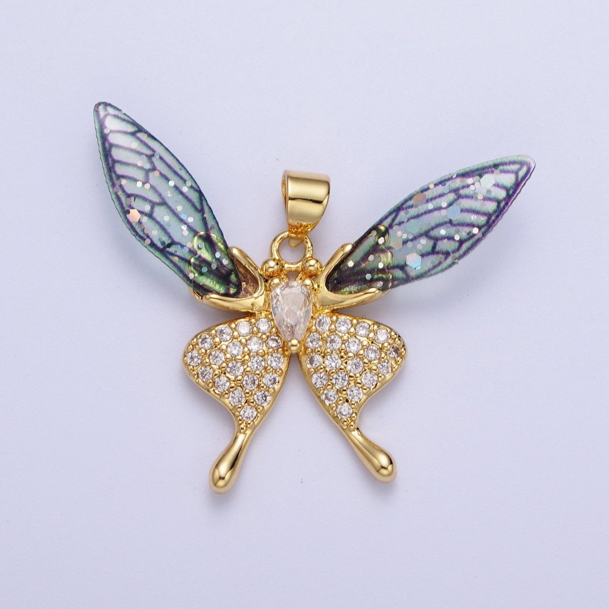 Fuchsia, Blue Micro Paved Butterfly Wings Teardrop Insect Gold Pendant H-884 H-909 - DLUXCA
