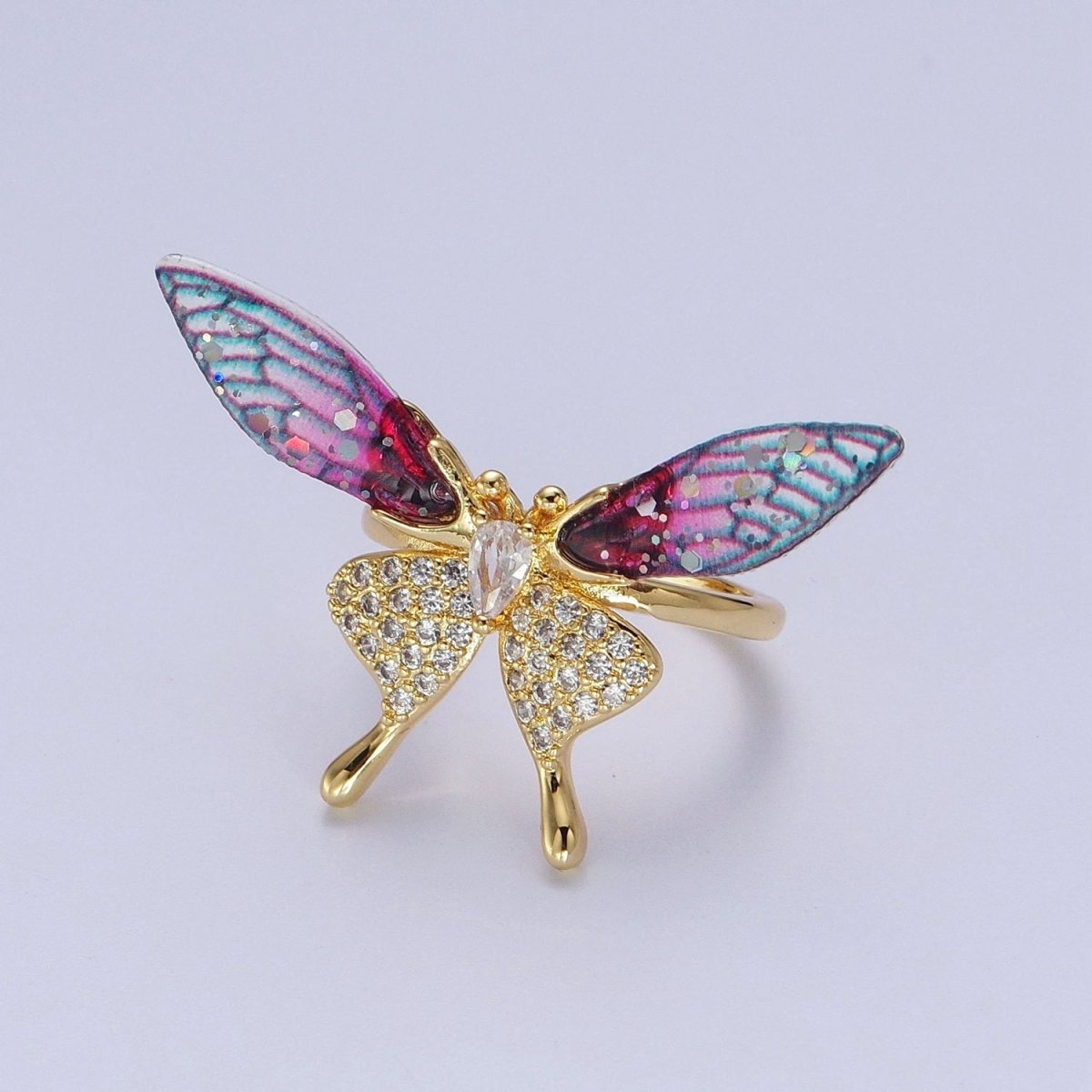 Fuchsia, Blue Micro Paved Butterfly Wings Teardrop Insect Gold Rings | Y-400 Y-401 - DLUXCA