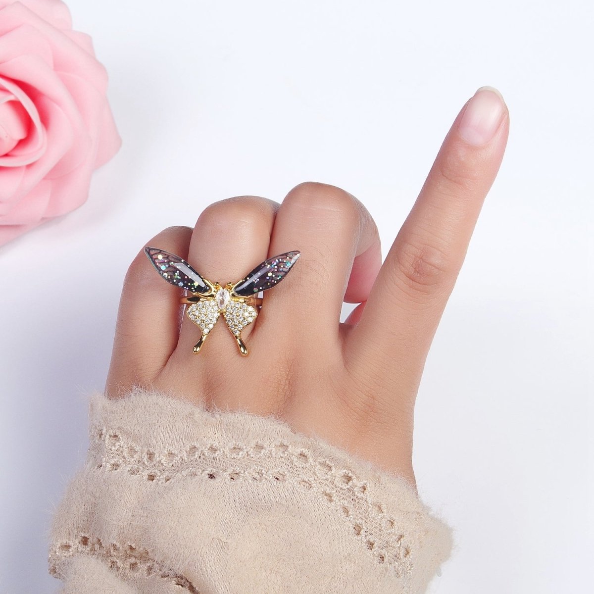 Fuchsia, Blue Micro Paved Butterfly Wings Teardrop Insect Gold Rings | Y-400 Y-401 - DLUXCA