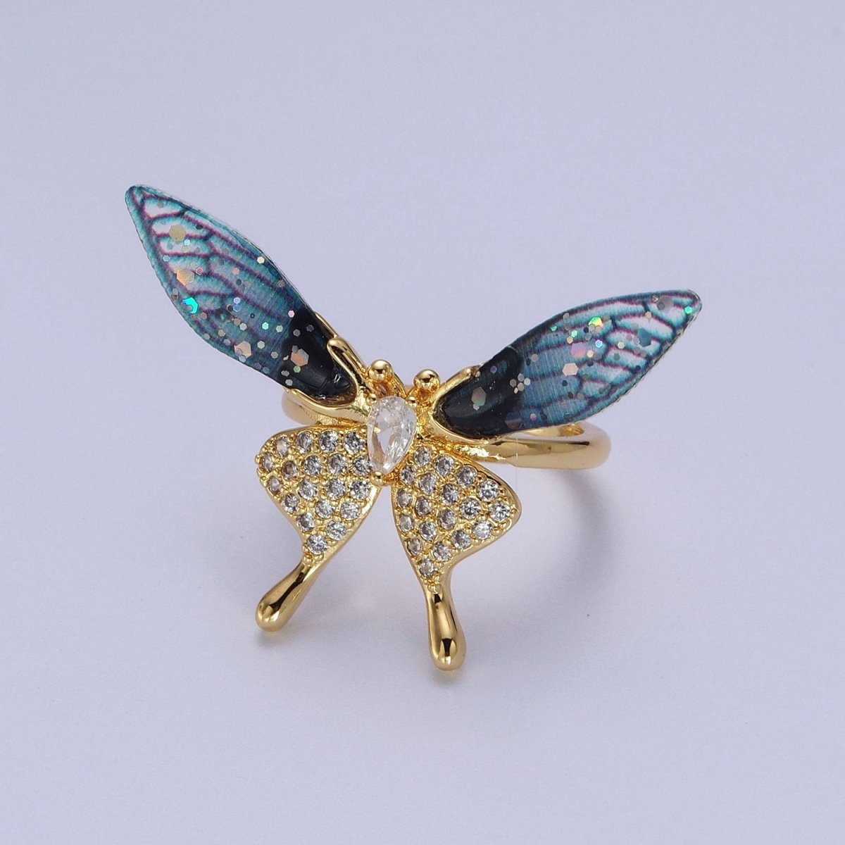 Fuchsia, Blue Micro Paved Butterfly Wings Teardrop Insect Gold Rings | Y-400 Y-401 - DLUXCA