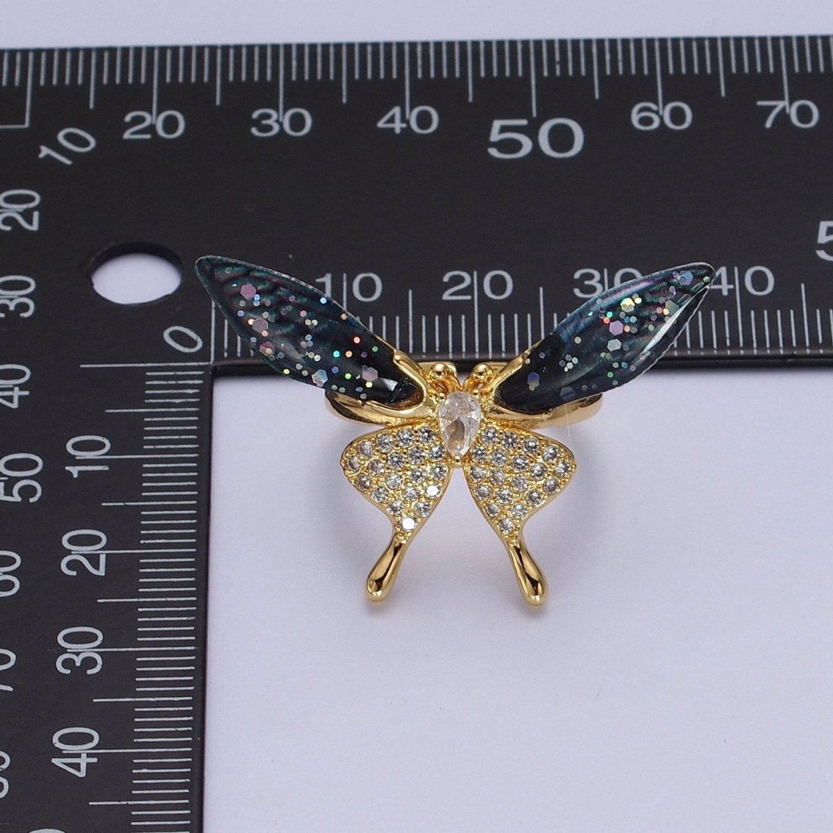 Fuchsia, Blue Micro Paved Butterfly Wings Teardrop Insect Gold Rings | Y-400 Y-401 - DLUXCA