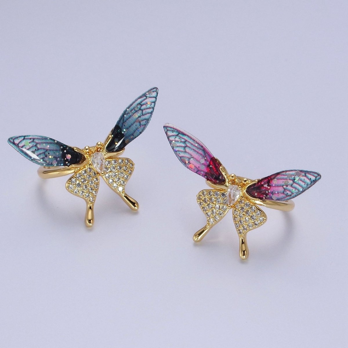 Fuchsia, Blue Micro Paved Butterfly Wings Teardrop Insect Gold Rings | Y-400 Y-401 - DLUXCA