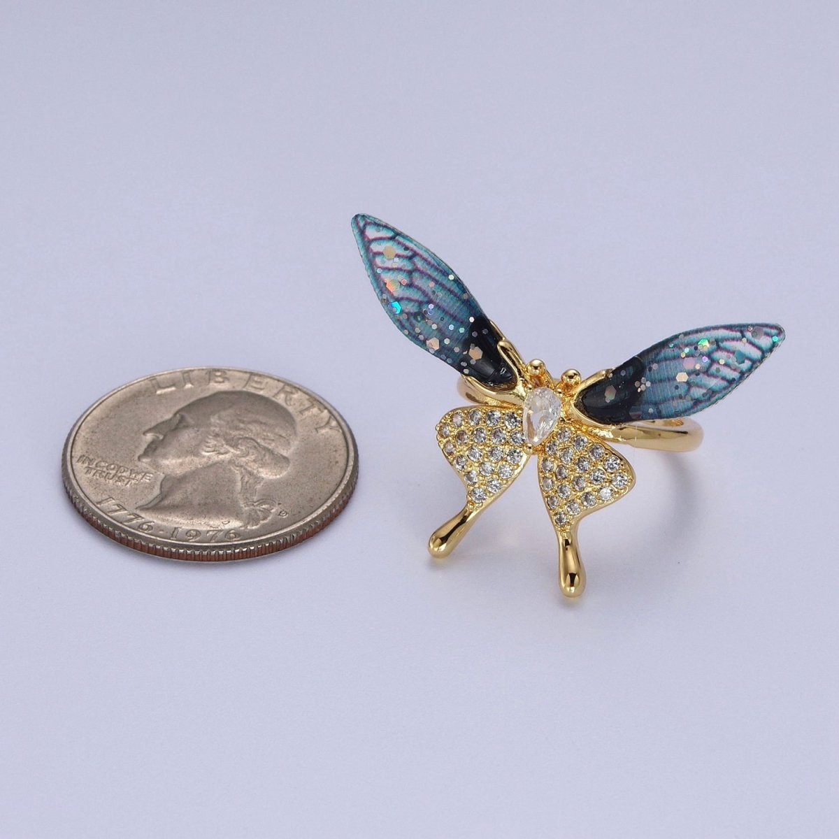 Fuchsia, Blue Micro Paved Butterfly Wings Teardrop Insect Gold Rings | Y-400 Y-401 - DLUXCA