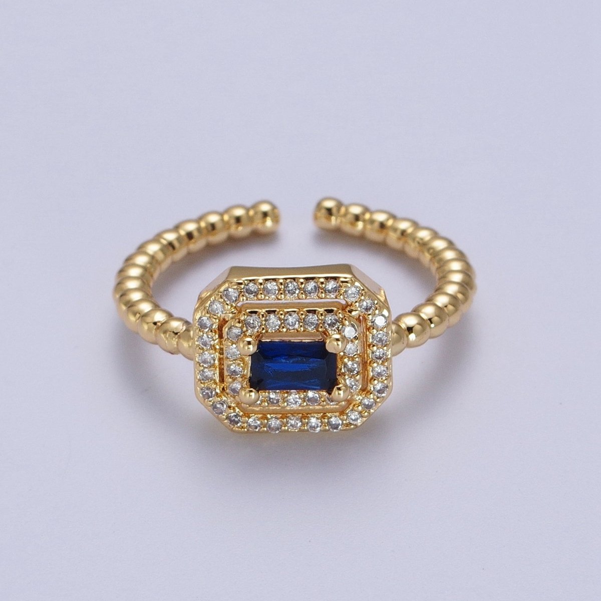 Fuchsia, Clear, Blue, Green Baguette Cubic Zirconia Gold Beaded Adjustable Ring | Y-366~Y-369 - DLUXCA