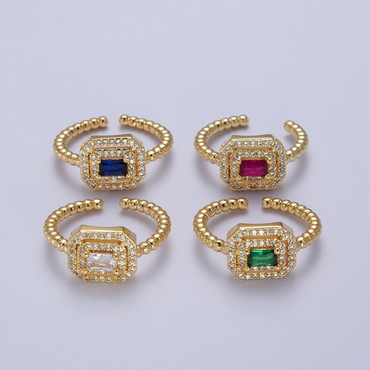 Fuchsia, Clear, Blue, Green Baguette Cubic Zirconia Gold Beaded Adjustable Ring | Y-366~Y-369 - DLUXCA