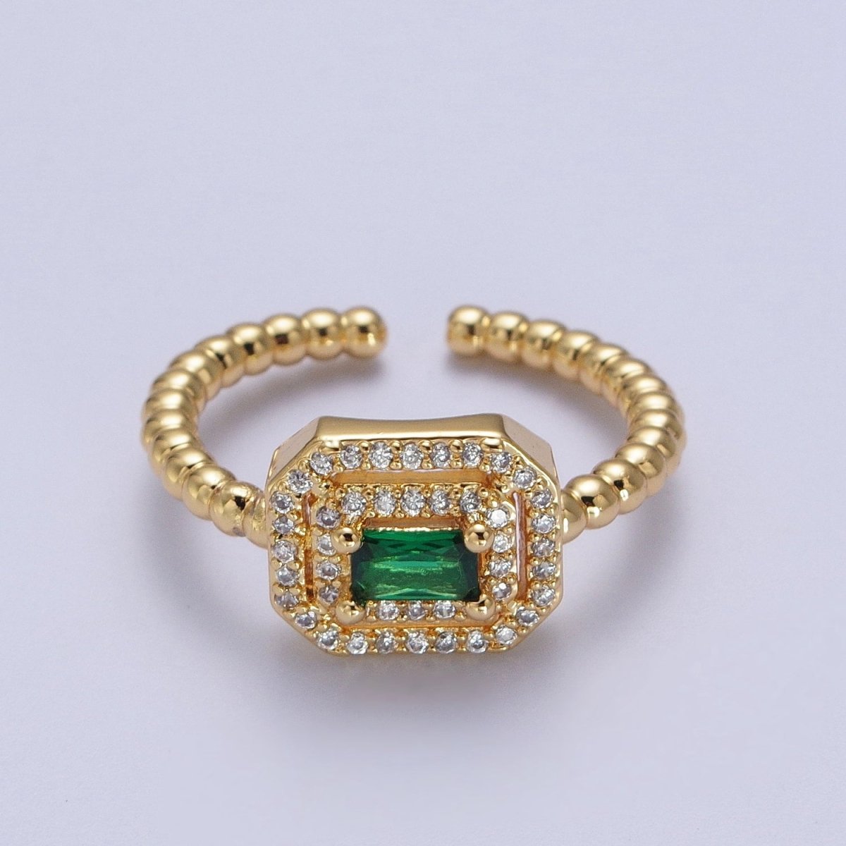 Fuchsia, Clear, Blue, Green Baguette Cubic Zirconia Gold Beaded Adjustable Ring | Y-366~Y-369 - DLUXCA