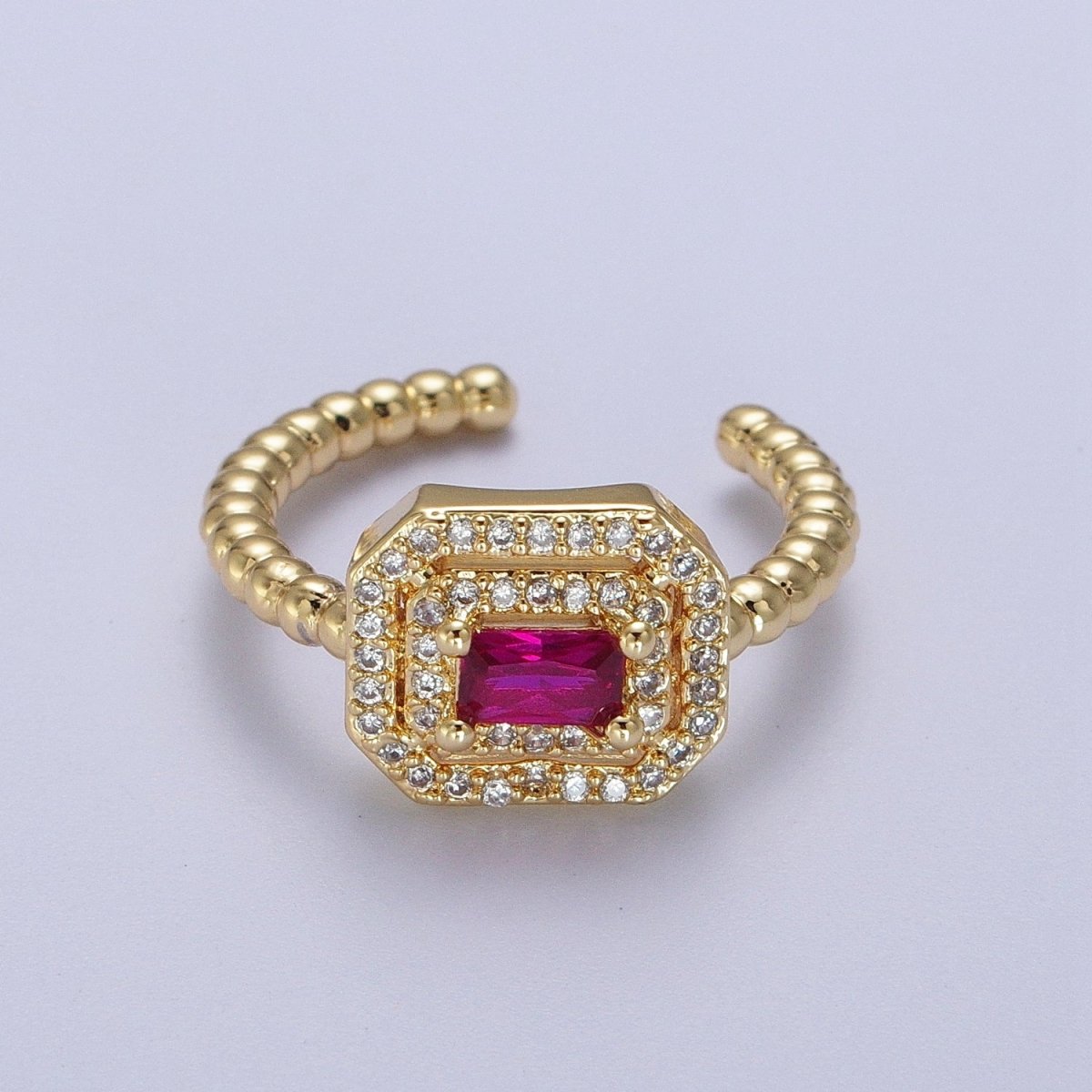 Fuchsia, Clear, Blue, Green Baguette Cubic Zirconia Gold Beaded Adjustable Ring | Y-366~Y-369 - DLUXCA