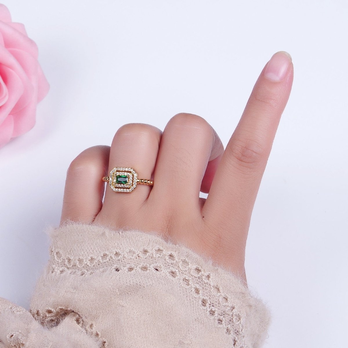 Fuchsia, Clear, Blue, Green Baguette Cubic Zirconia Gold Beaded Adjustable Ring | Y-366~Y-369 - DLUXCA