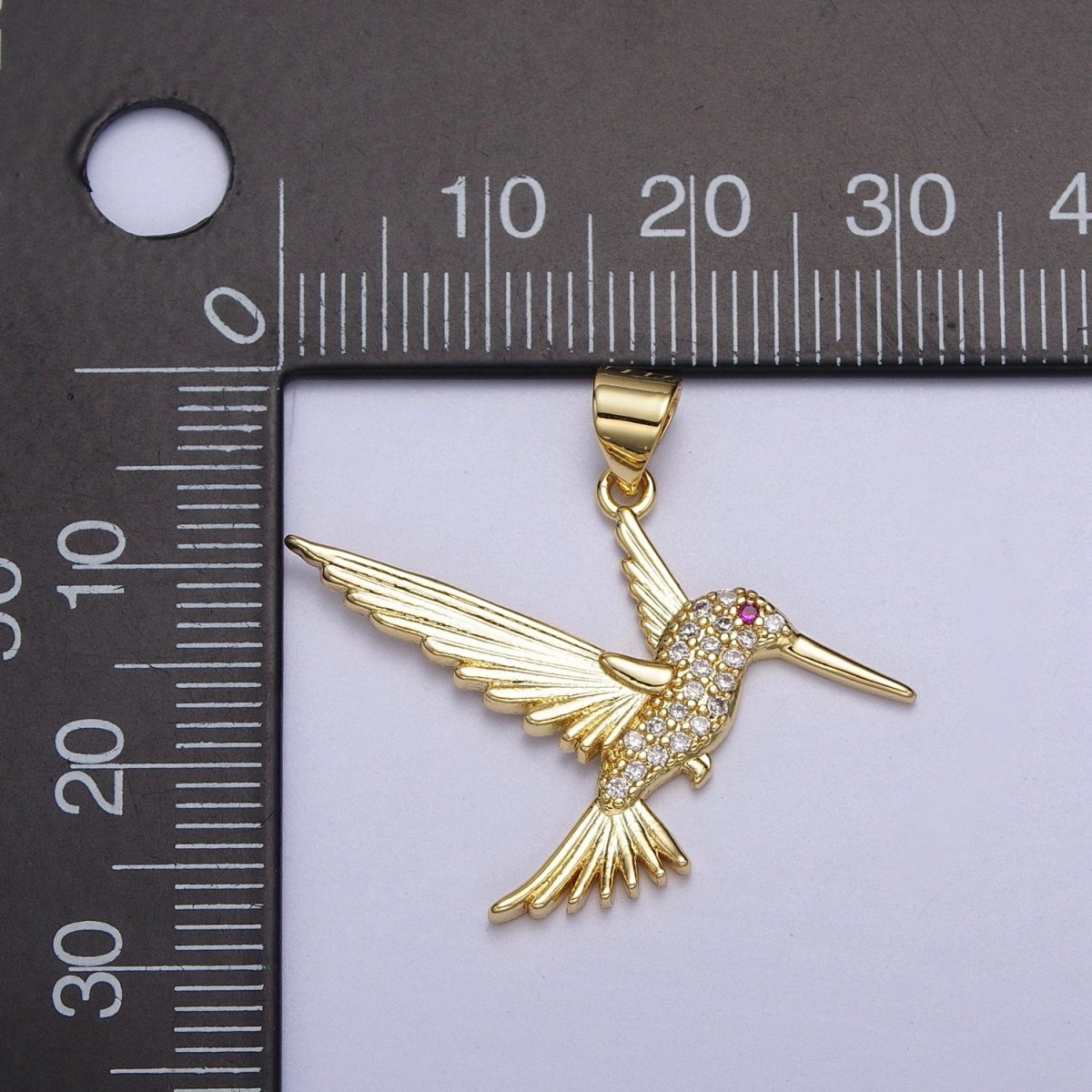Fuchsia-Eyed Flying Hummingbird Micro Paved CZ Pendant in Gold & Silver | AA001 AA006 - DLUXCA