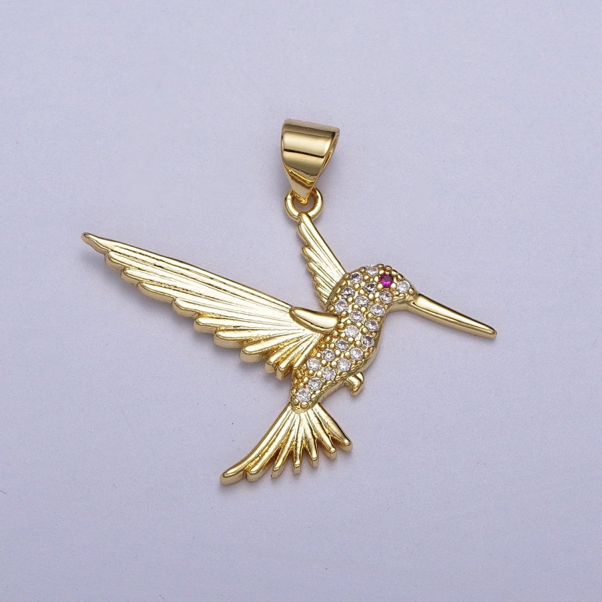 Fuchsia-Eyed Flying Hummingbird Micro Paved CZ Pendant in Gold & Silver | AA001 AA006 - DLUXCA