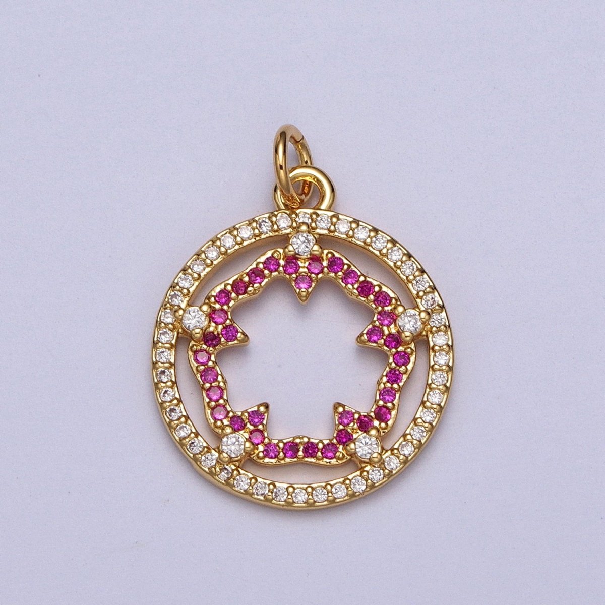 Fuchsia Flower Outline Micro Paved Clear CZ Open Round Gold Charm | AC018 - DLUXCA