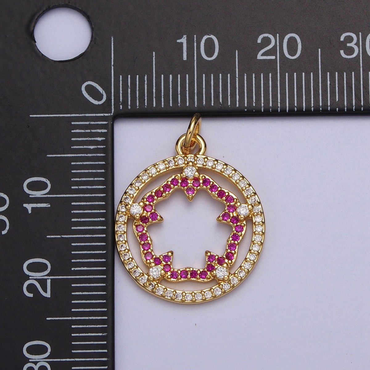 Fuchsia Flower Outline Micro Paved Clear CZ Open Round Gold Charm | AC018 - DLUXCA