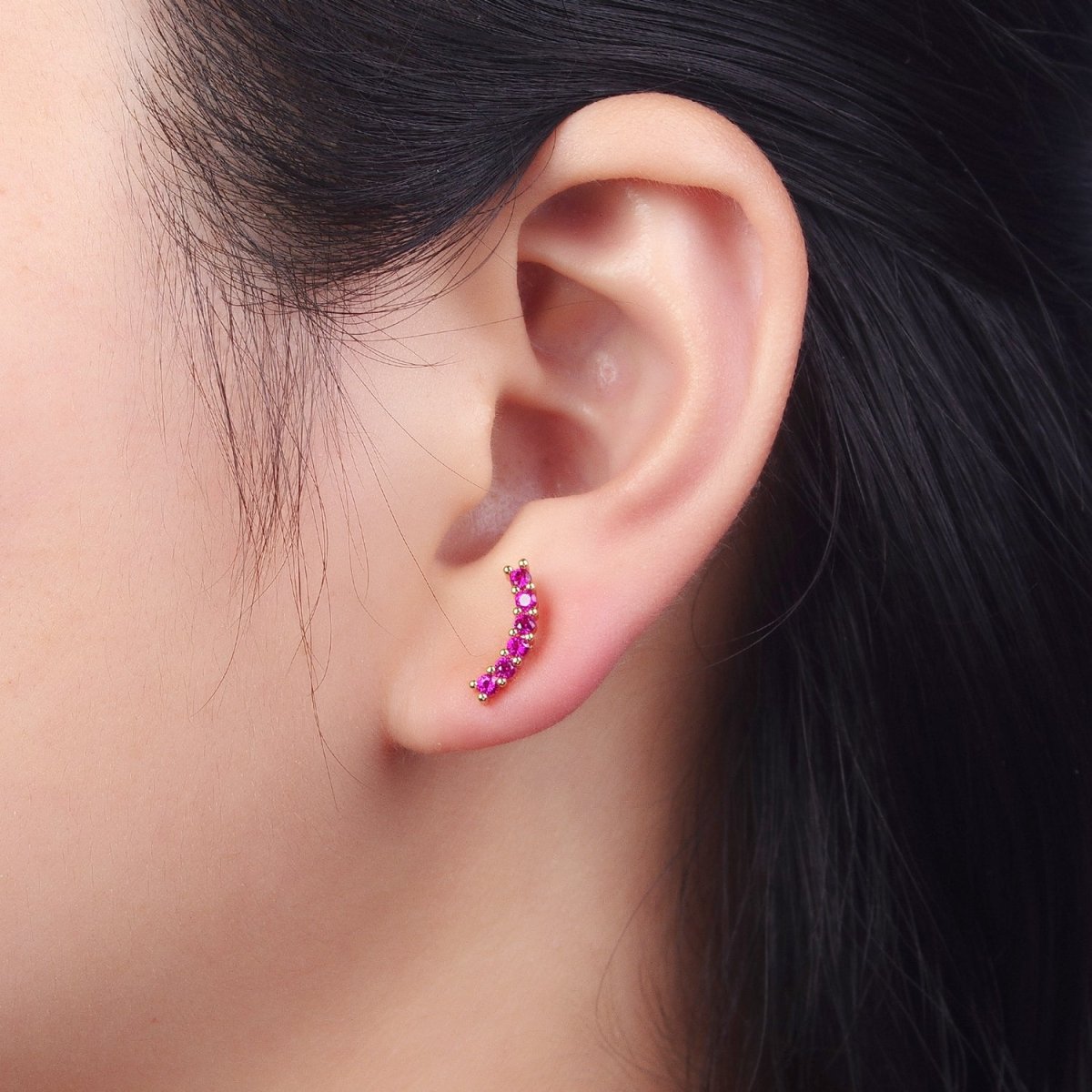 Fuchsia, Green, Clear, Turquoise Micro Paved Arc Line Gold Stud | AB043 - AB046 - DLUXCA