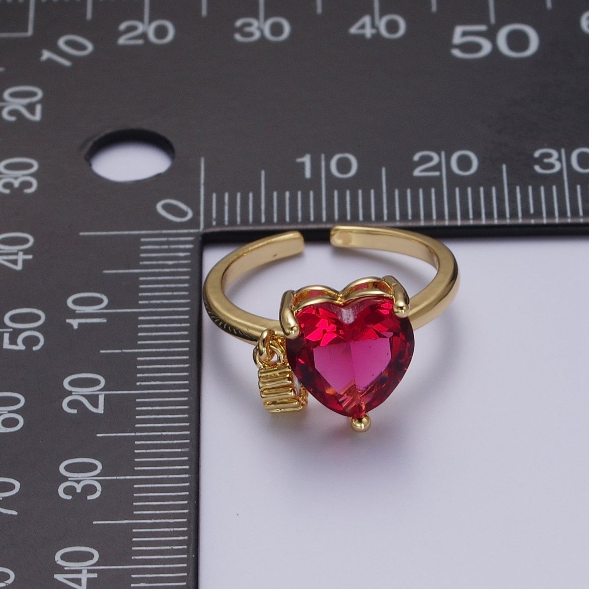 Fuchsia Heart Cubic Zirconia Dangle Charm Adjustable Gold Ring | Y-320 - DLUXCA