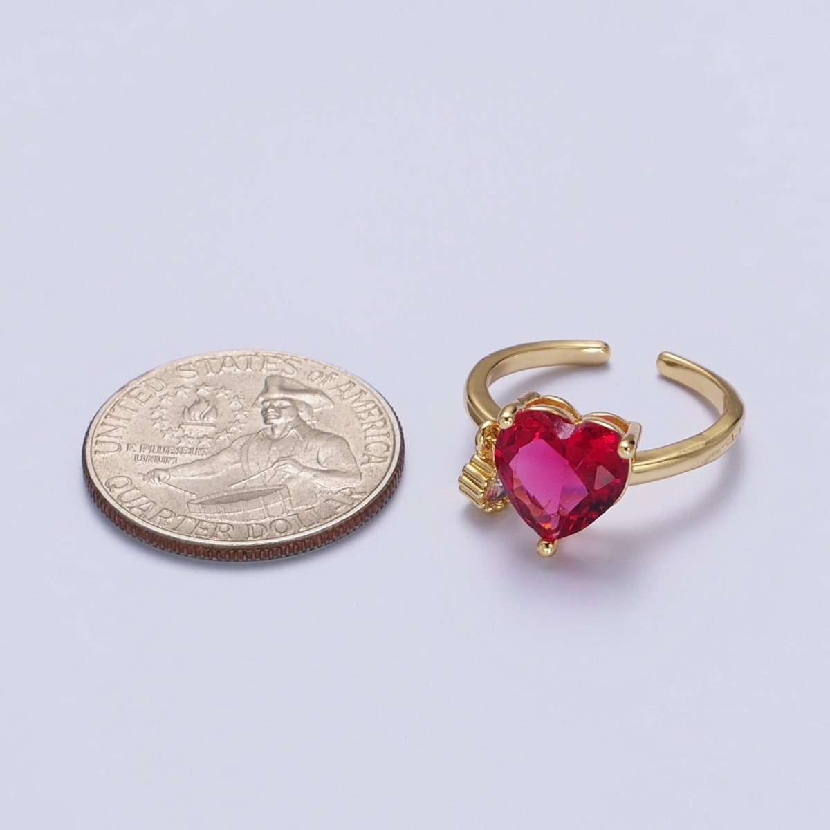Fuchsia Heart Cubic Zirconia Dangle Charm Adjustable Gold Ring | Y-320 - DLUXCA