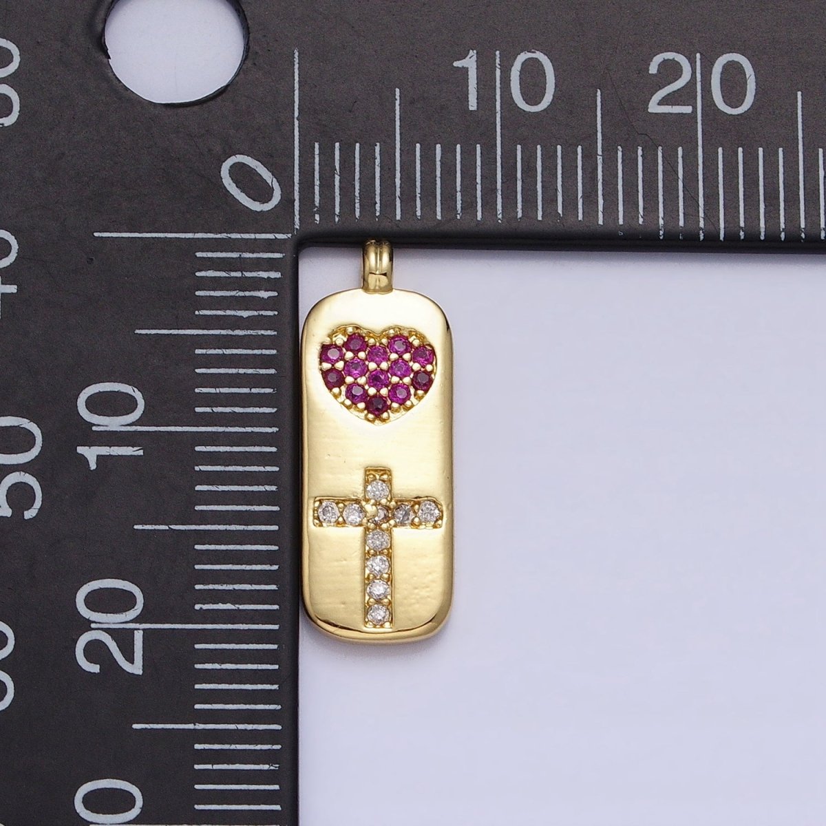 Fuchsia Heart with Clear Cz Cross in gold Tag charm for Dangle Religious Jewelry Supply AA237 - DLUXCA