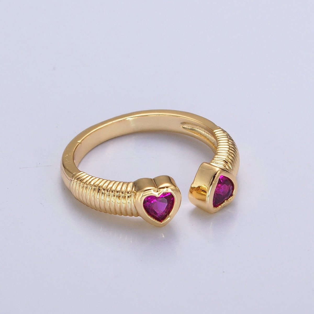 Fuchsia Pink Twin Cubic Zirconia CZ Heart Open Adjustable Gold Ring O-790 - DLUXCA