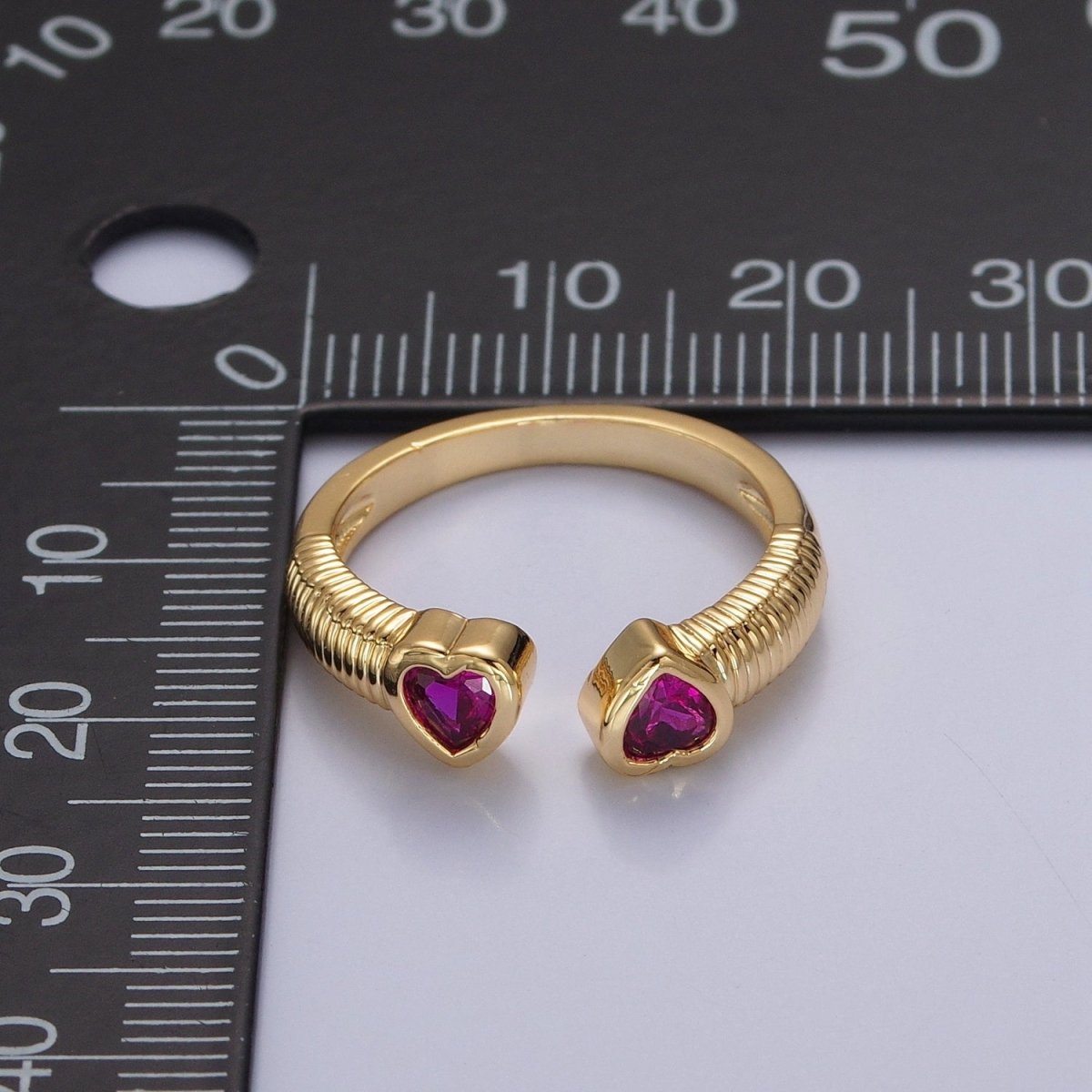 Fuchsia Pink Twin Cubic Zirconia CZ Heart Open Adjustable Gold Ring O-790 - DLUXCA