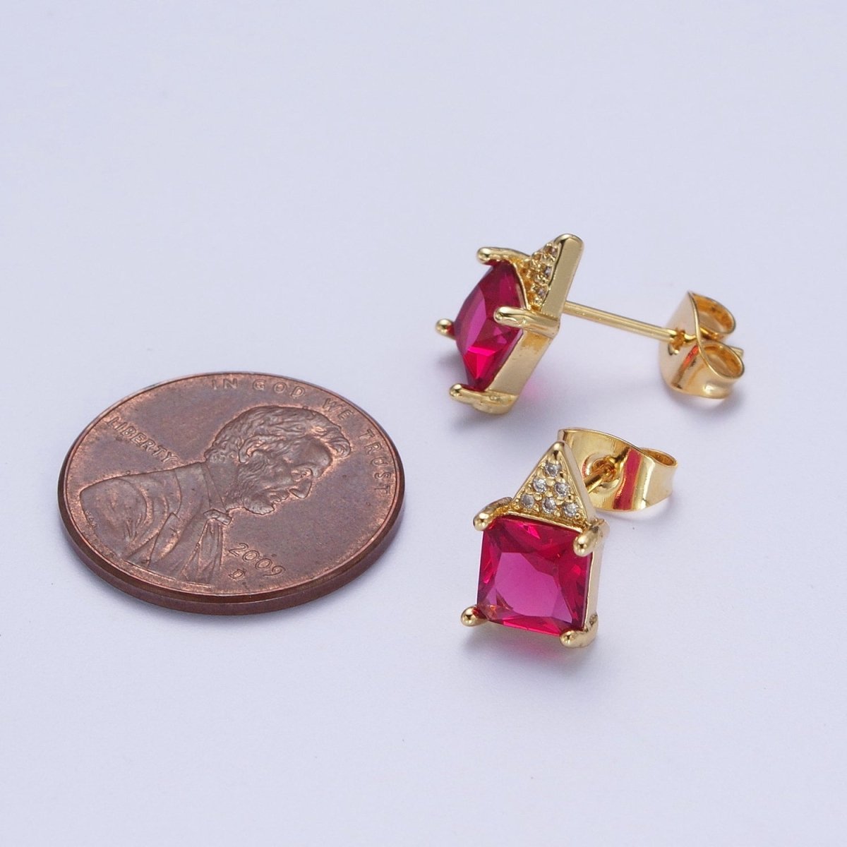 Fuchsia Square Baguette Cubic Zirconia Triangle Micro Paved CZ Stud Geometric Earrings | X-936 - DLUXCA