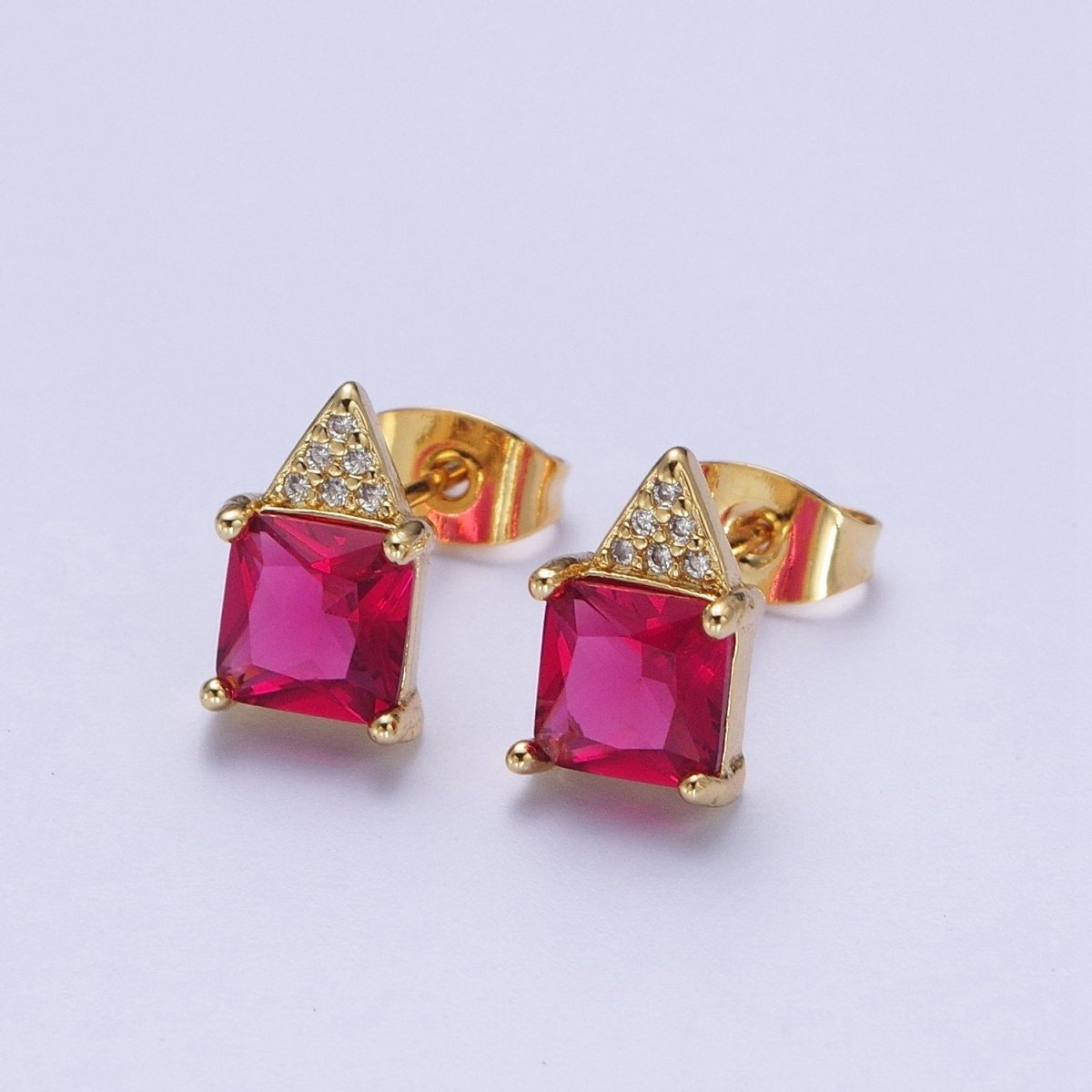 Fuchsia Square Baguette Cubic Zirconia Triangle Micro Paved CZ Stud Geometric Earrings | X-936 - DLUXCA