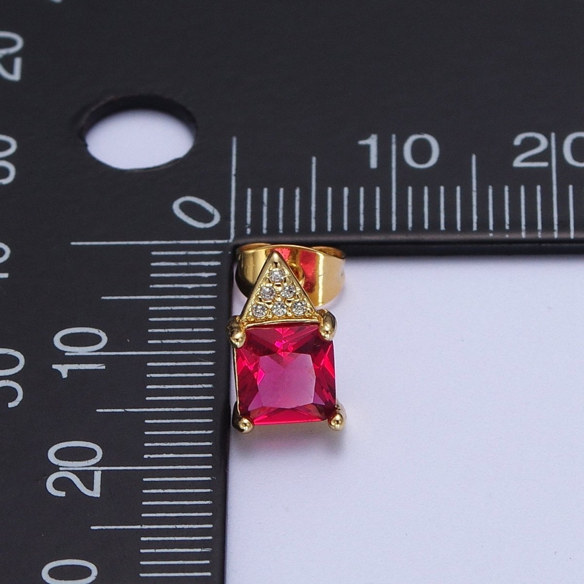 Fuchsia Square Baguette Cubic Zirconia Triangle Micro Paved CZ Stud Geometric Earrings | X-936 - DLUXCA