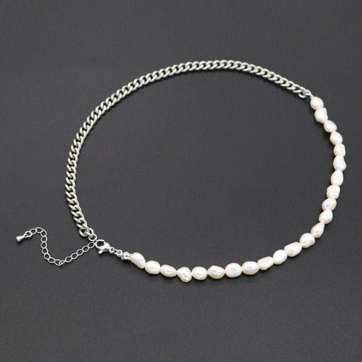 Fusion Baroque Fresh Water Pearl Silver Rolo Chain Link Necklace Unisex Jewelry | WA-286 Clearance Pricing - DLUXCA