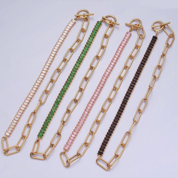 Fusion Necklace Half Baguette Tennis Chain, Half Paper Clip