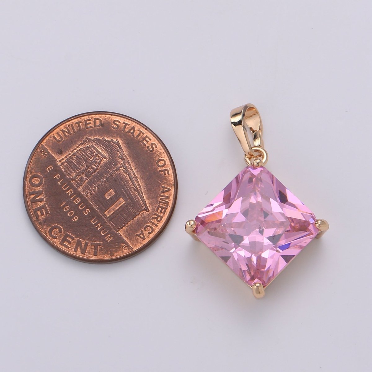 Gemstone Rhombus Charm, Pink Solitaire Cz Pendant, 25x15mm, 18k Gold Filled Pendnt Dangle Jewelry, Necklace Earring Valentine Gift J-113 - DLUXCA
