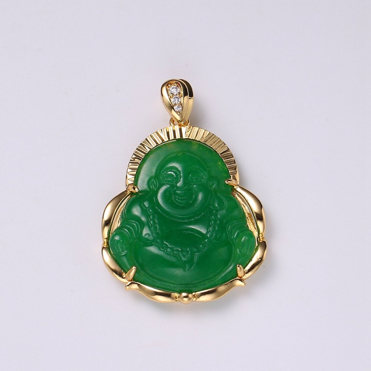 Genuine Green Jade Gold Laughing Buddha, Buddhist, Peace, Gift, Cubic Zirconia Necklace Pendant Charm Bead Bails Findings for Jewelry Making O-164 - DLUXCA