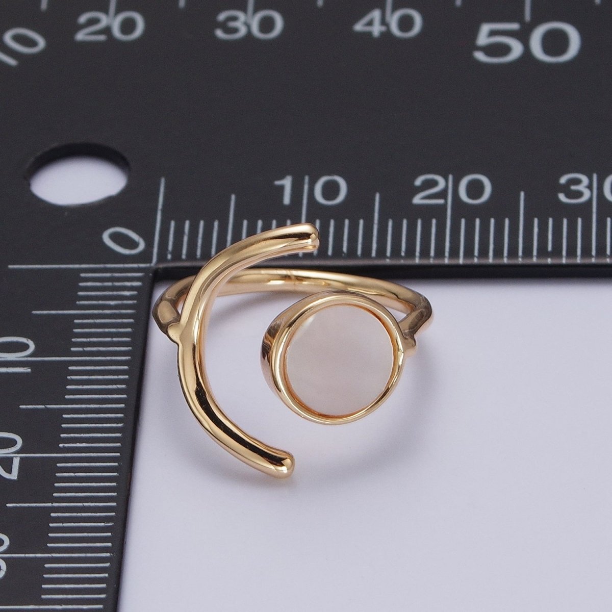 Geometric Crescent Round Shell Pearl Adjustable Gold Ring | Y-546 - DLUXCA