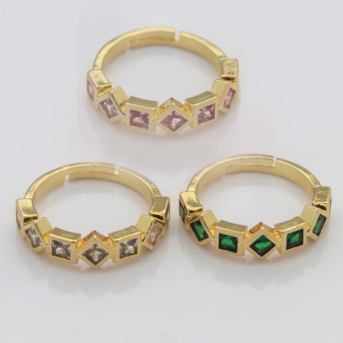 Geometric Gold Ring, Open Gold Adjustable Ring Pink / Clear / Green Color Cz Stone S-214 S-215 S-216 - DLUXCA
