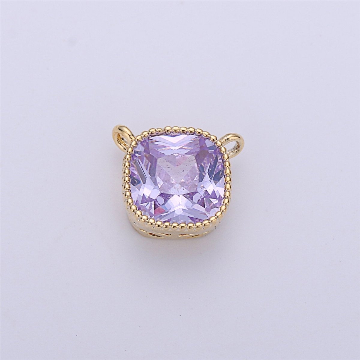 Glass faceted flat Square pendant charm with gold Filled frame, Clear Purple glass charm 8x7 mm, framed glass with Gold Edge Double Bail F-297 - DLUXCA