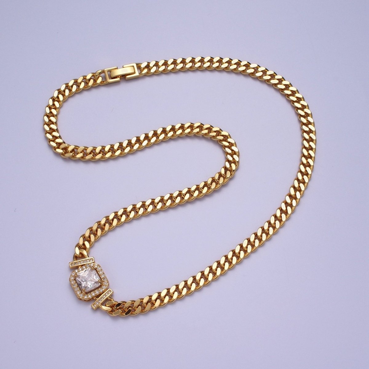 Gold 18 Inch Micro Paved Baguette CZ Flat Curb Link Chain Necklace | WA-1200 - WA-1218 Clearance Pricing - DLUXCA
