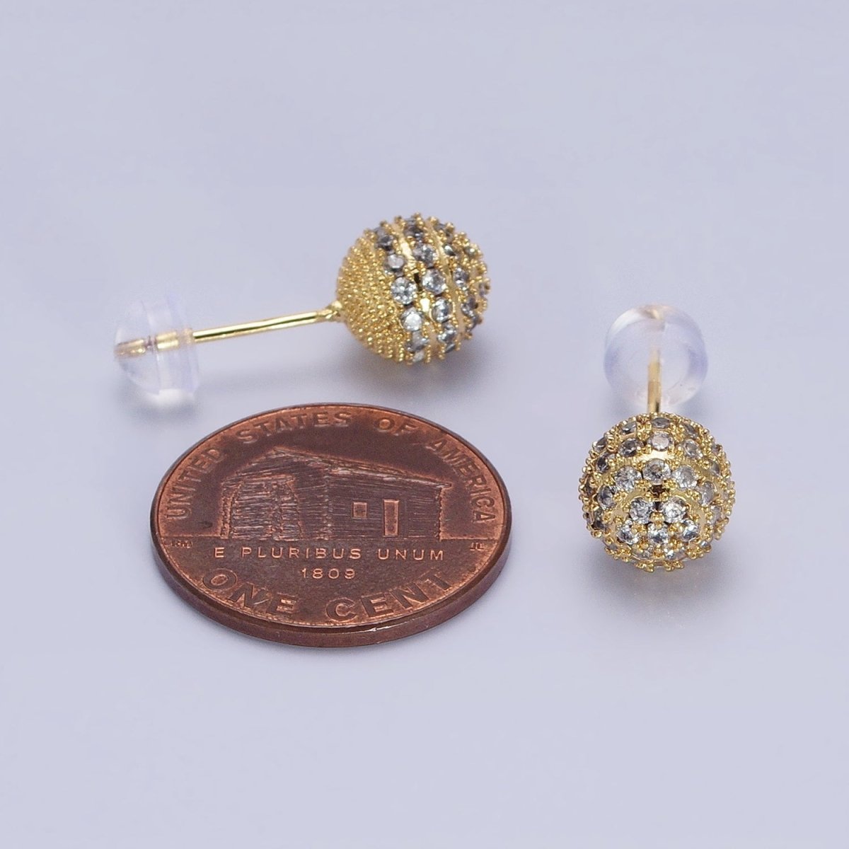 Gold 8mm, 10mm Round Shambala Bead Micro Paved Stud Earrings | AB1010 AB1011 - DLUXCA