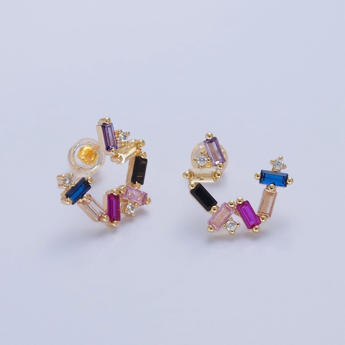 Gold Abstract Circular Zig Zag Multicolor Baguette Stud Earrings | T-476 - DLUXCA