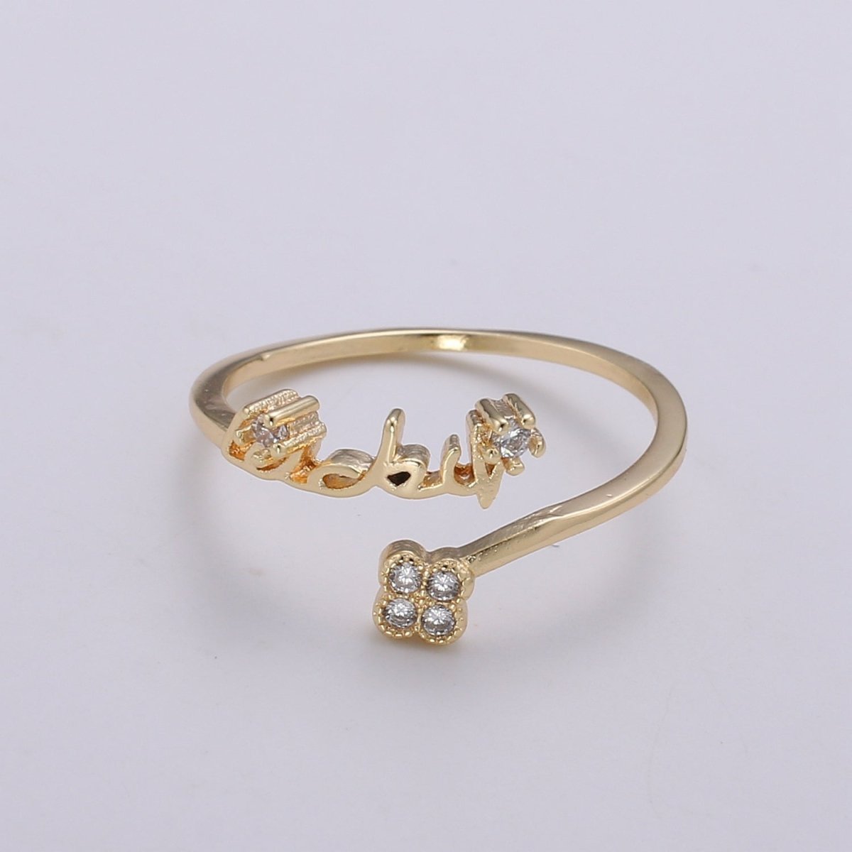 Gold Adjustable Clover Ring with Cz Stone, Four Leaf Clover Good Luck Ring for Her Floral Ring for Minimalist Jewelry R-182 - DLUXCA