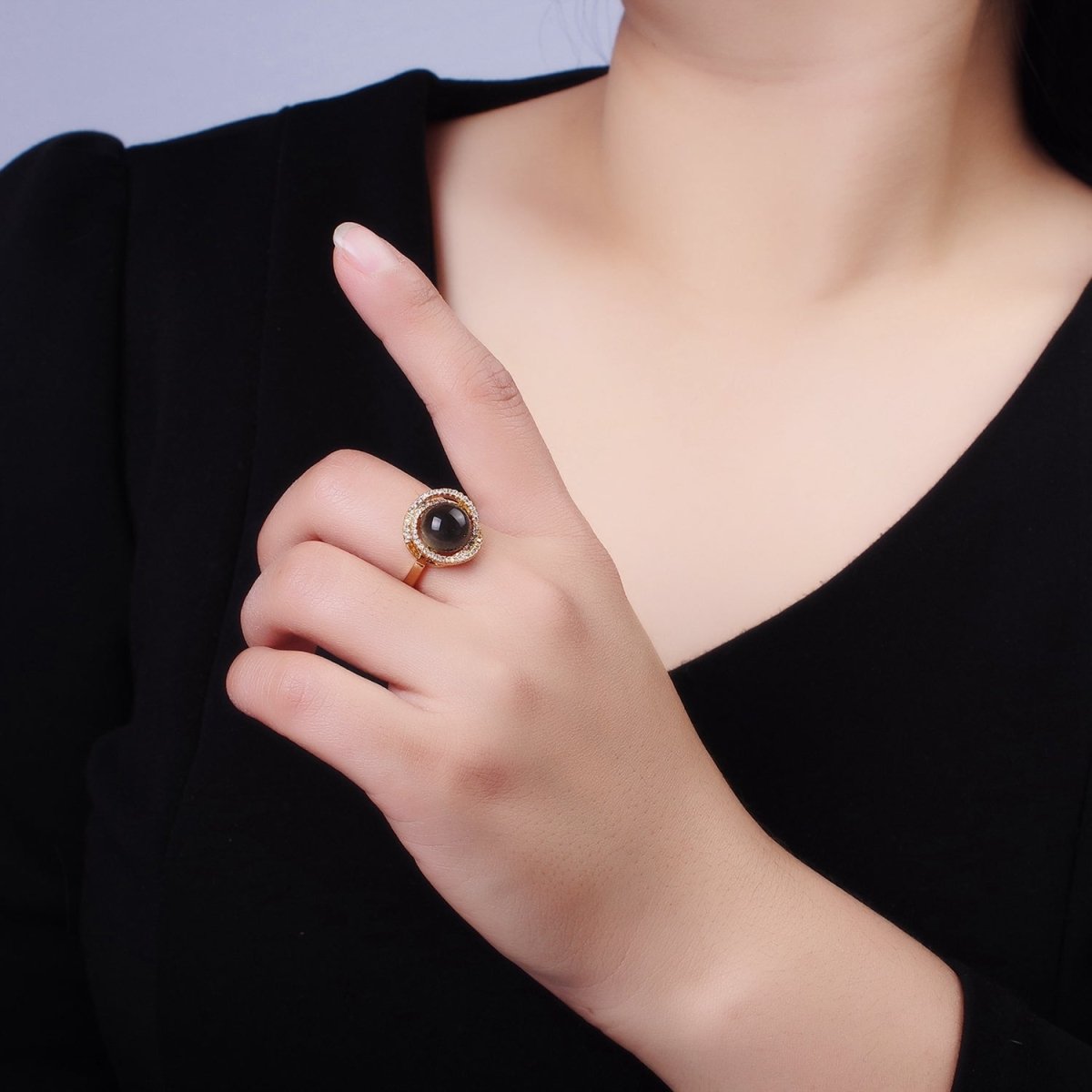 Gold Adjustable Ring with Onyx Black Bead with Clear Cz | O1280 - DLUXCA