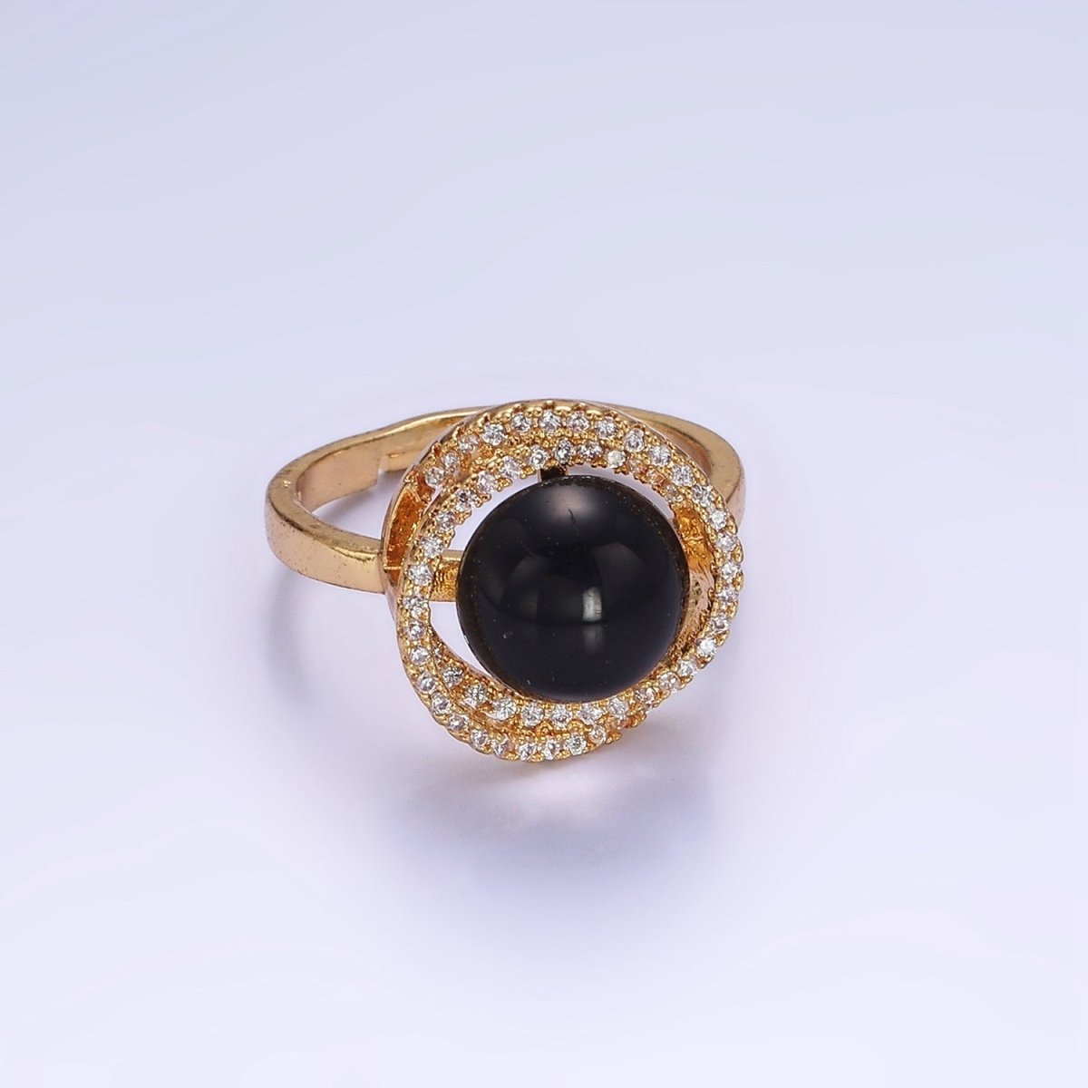 Gold Adjustable Ring with Onyx Black Bead with Clear Cz | O1280 - DLUXCA