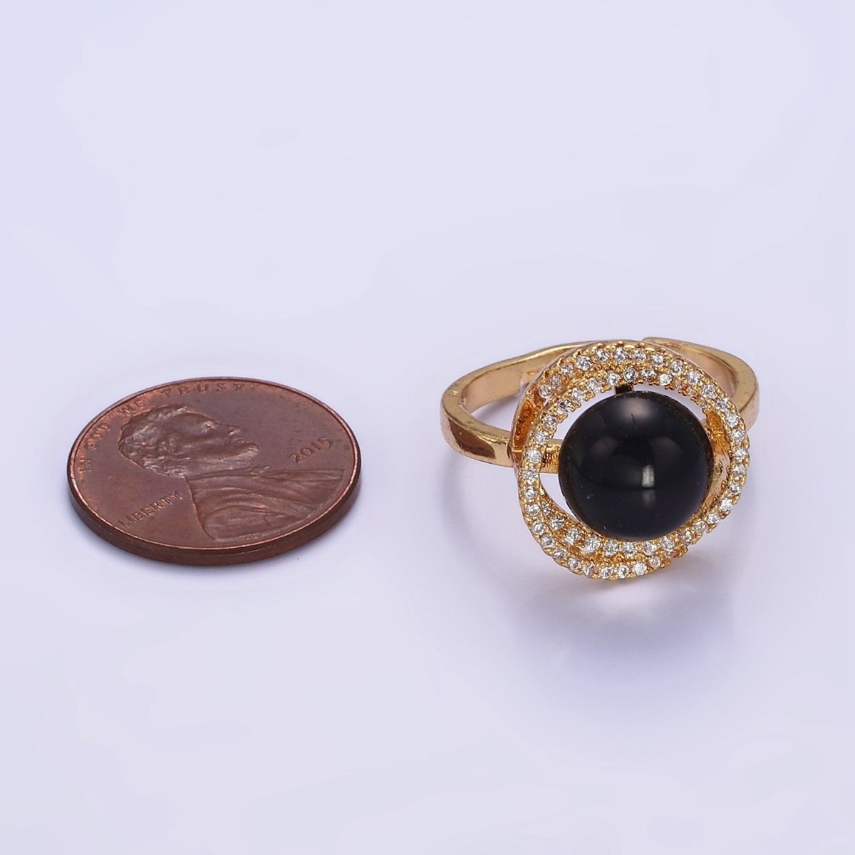 Gold Adjustable Ring with Onyx Black Bead with Clear Cz | O1280 - DLUXCA