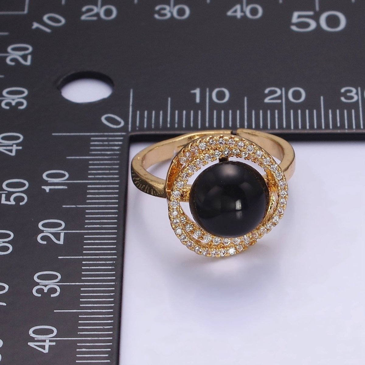 Gold Adjustable Ring with Onyx Black Bead with Clear Cz | O1280 - DLUXCA